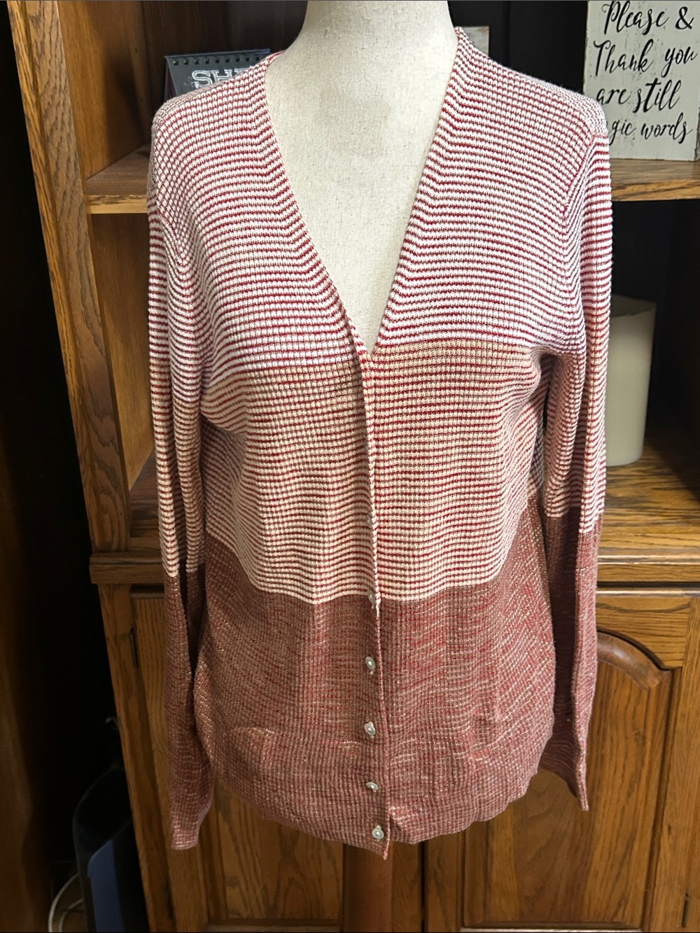 Emma James Pink and Cream Striped Button-Front Cardigan Small